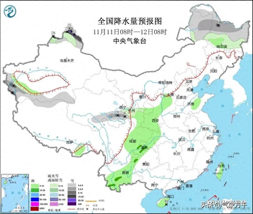 今日全国天气南北各异，北方晴或多云，南方阴或雨，气温有别。  -图1